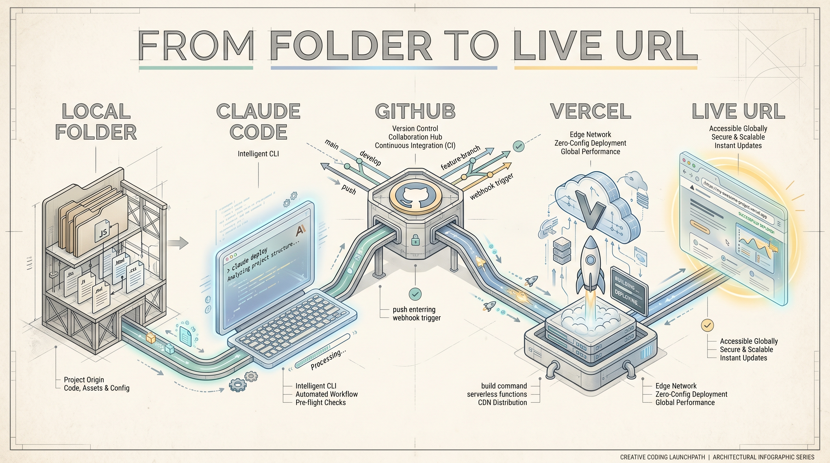 GitHub and Vercel launch route from local files to public URL.