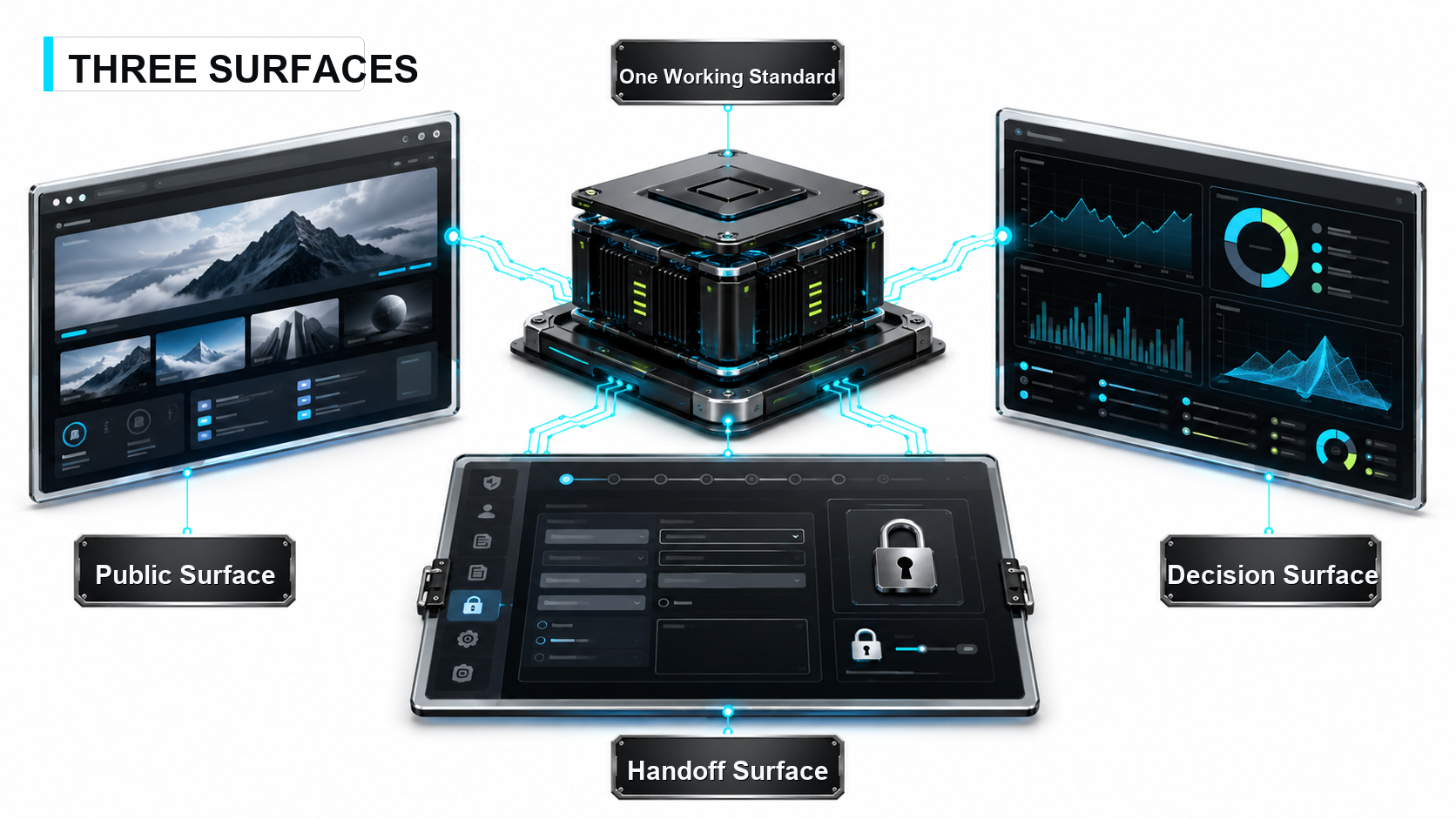 Three Day 3 surfaces connected to one working standard: public surface, handoff surface, and decision surface.